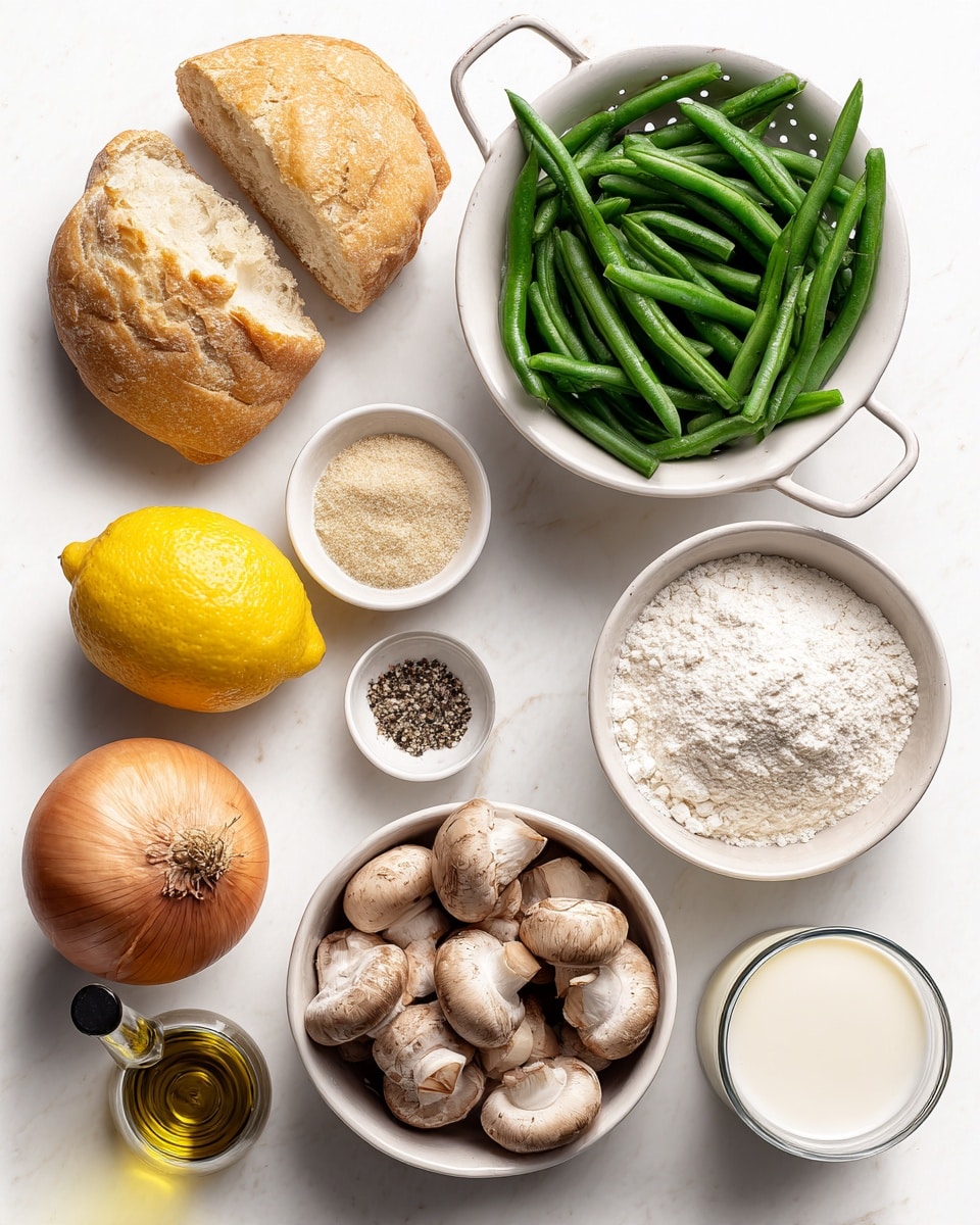 A top view of several fresh ingredients laid out on a white marbled surface, labeled clearly: a pale yellow round bread loaf broken into two pieces on the left, a whole yellow lemon below it, a medium brown onion to the bottom left, and a dark bottle of olive oil standing upright next to them. In the middle, there is a small white bowl filled with a light beige dry ranch dressing mix, a small white bowl holding white flour with a hint of powder texture, and another white bowl with white salt and black pepper side by side. At the top center, a white colander holds a bunch of fresh, bright green beans with smooth texture. On the right side, a white bowl contains several brown sliced mushrooms with a soft, slightly shiny texture, three garlic cloves lay below them. Finally, a clear container holds fresh milk sitting on the bottom right. photo taken with an iphone --ar 4:5 --v 7