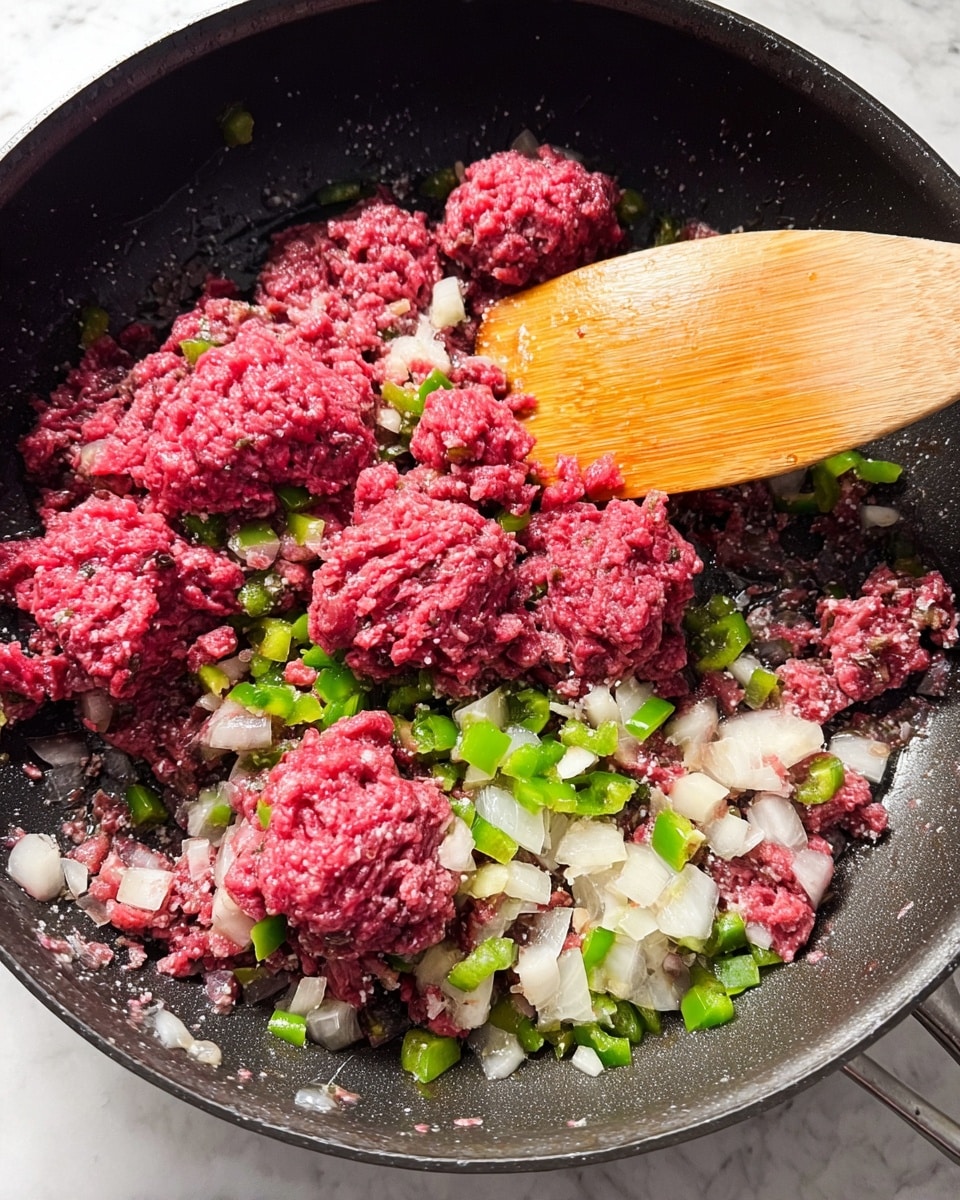 Inside a dark pan, there are several clumps of raw red ground meat mixed unevenly with small pieces of white onions and bright green peppers spread around. The onions and peppers are finely chopped and sit under and around the meat, which has a rough texture. A wooden spatula with a smooth light brown surface is resting in the pan, touching the meat and vegetables. The whole scene is on a white marbled surface. Photo taken with an iphone --ar 4:5 --v 7
