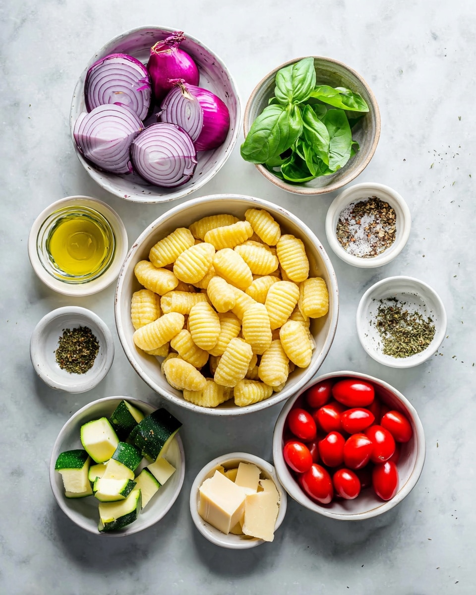 The image shows several white bowls and small dishes arranged on a white marbled surface. The central bowl holds a pile of uncooked yellow gnocchi with textured ridges. Surrounding it clockwise are slices of purple red onion in a bowl, fresh green basil leaves in a small dish, bright red cherry tomatoes in a bowl, olive oil in a small clear glass container, two small white dishes each with light brown and green dried herbs, chopped green zucchini pieces in a bowl, a chunk of pale yellow cheese in a small dish, and salt and black pepper in two small dishes. The colors are fresh and vibrant with a mix of greens, reds, purples, and yellows. Photo taken with an iphone --ar 4:5 --v 7
